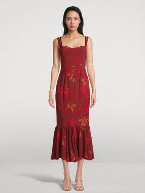 Reformation Burgundy Floral Scallop Midi Dress NWT